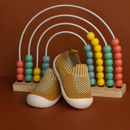 Mustard yellow mesh baby sneakers breathable design 
